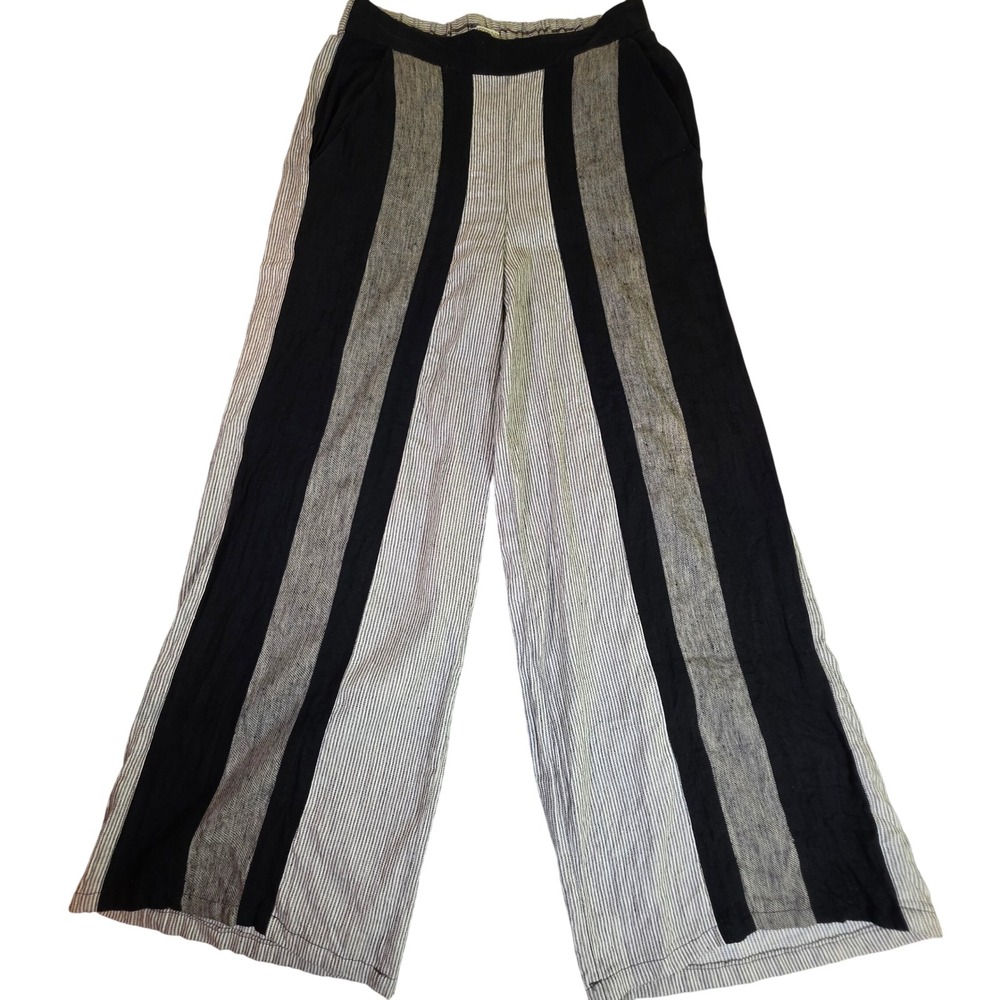 SPANNER Womens XS Black White Striped Linen Cotton Wide Leg Pants Boho Lagenlook